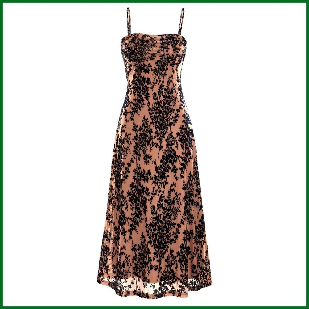 Sleeveless Spaghetti Strap Midi Dress Cowl Neck Floral Cocktail Party Elegant